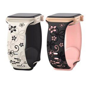 Engraved Floral Silicone Watch Bands For Apple Watch 42/44/45/49mm Starlight Bla